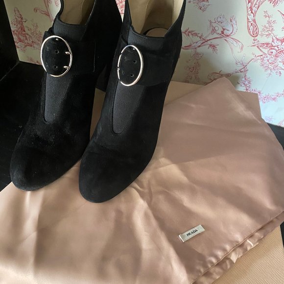 Prada Buckle-Strap Ankle Boots Black Suede Size 39 High Heel Booties - Picture 6 of 7